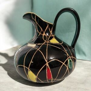 Mid Century Modern Geometric Black Ceramic Pitcher with Multicolor Accents